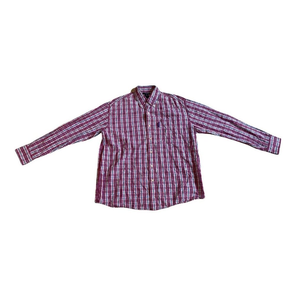 Men's US Polo Assn Long Sleeve Button Down Shirt Pink Blue Plaid Size L Cotton